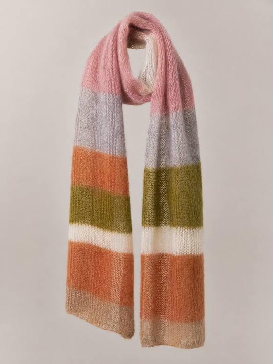 Mohair Silk Scarf Handknitted in Olive, Orange & Pink