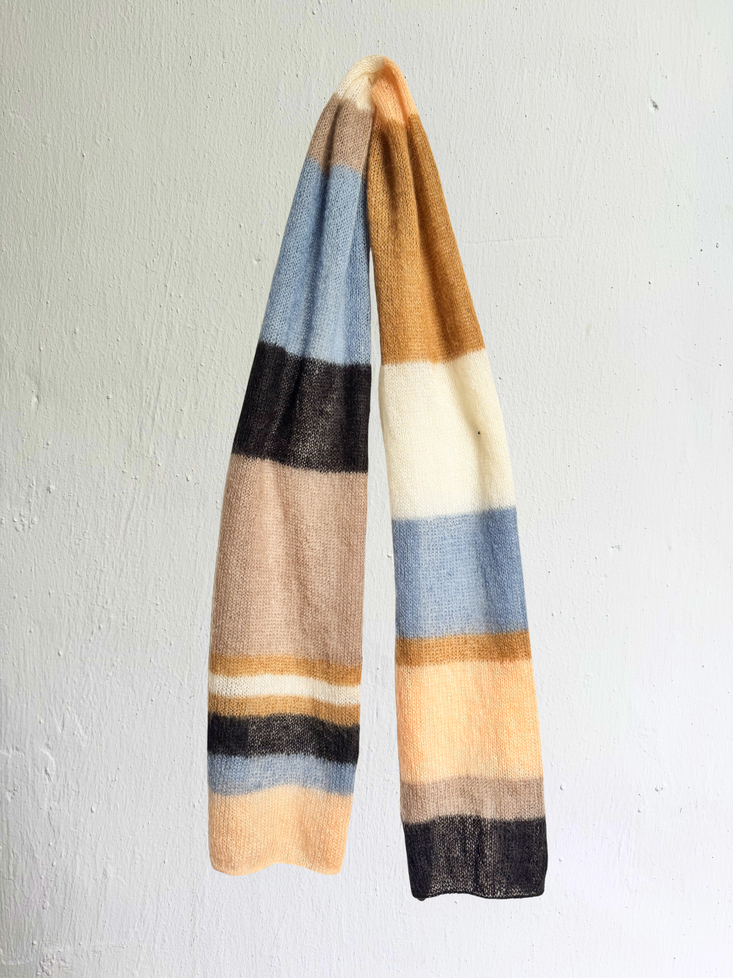 Mohair Silk Scarf Handknitted in Tan, Black & Blue