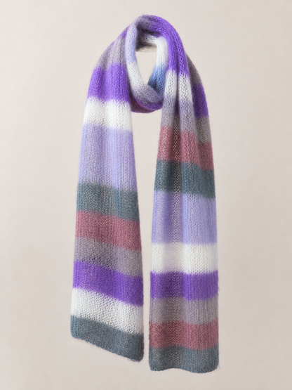Mohair Silk Scarf Handknitted in Purples, Blue, White