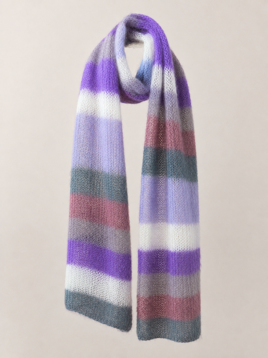 Mohair Silk Scarf Handknitted in Purples, Blue, White