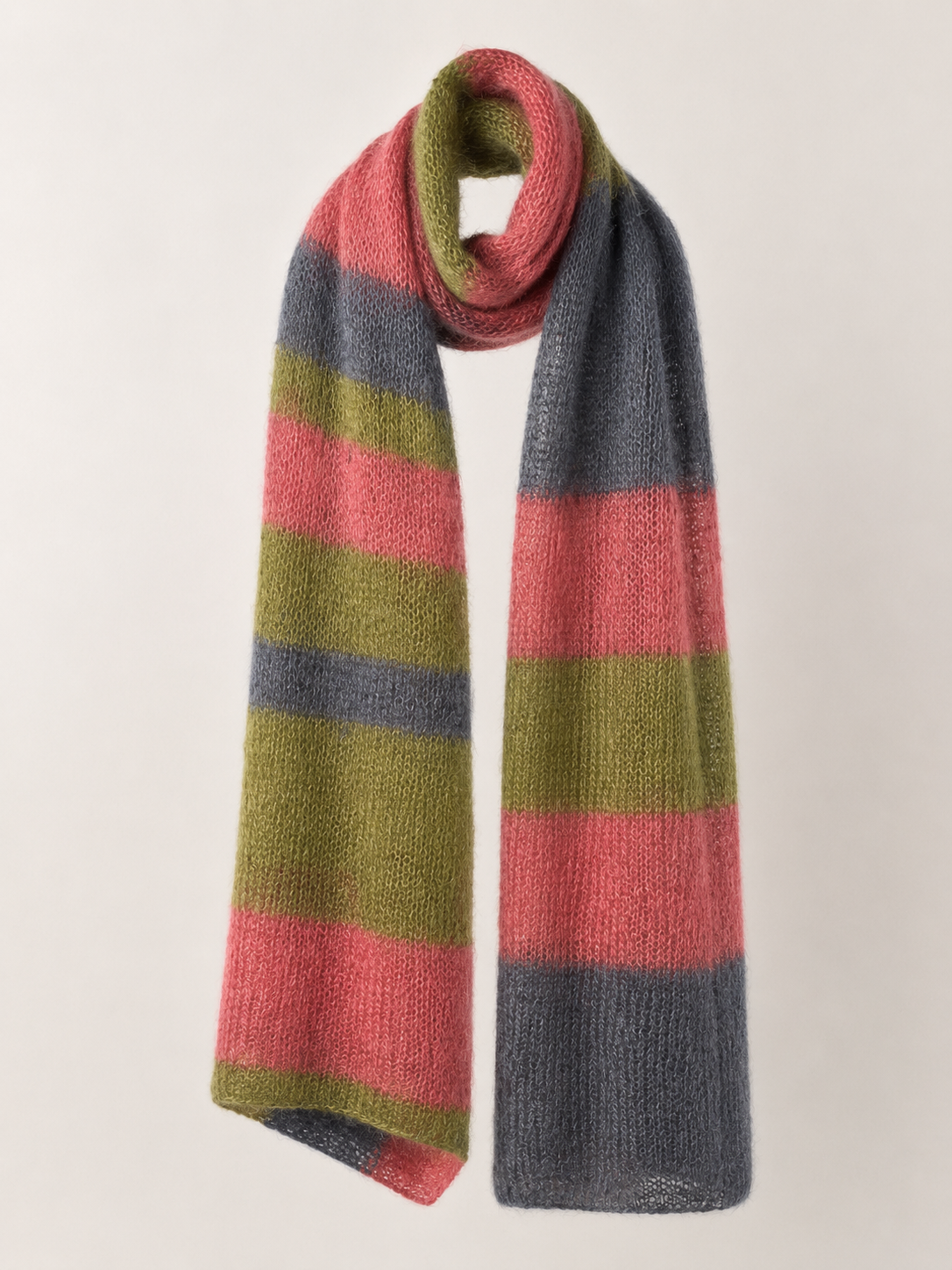 Mohair Silk Scarf Handknitted in Olive, Grey & Red