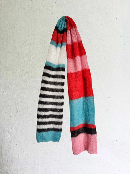 Mohair Silk Scarf Handknitted in Red, Blue, Black & White